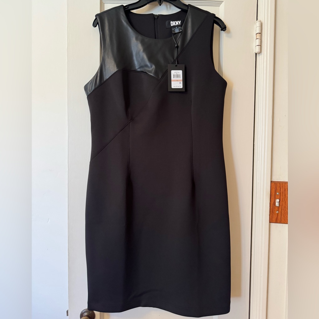 Dkny Black With Leather Sleeveless Cocktail Dress, Size 12 (Nwt)